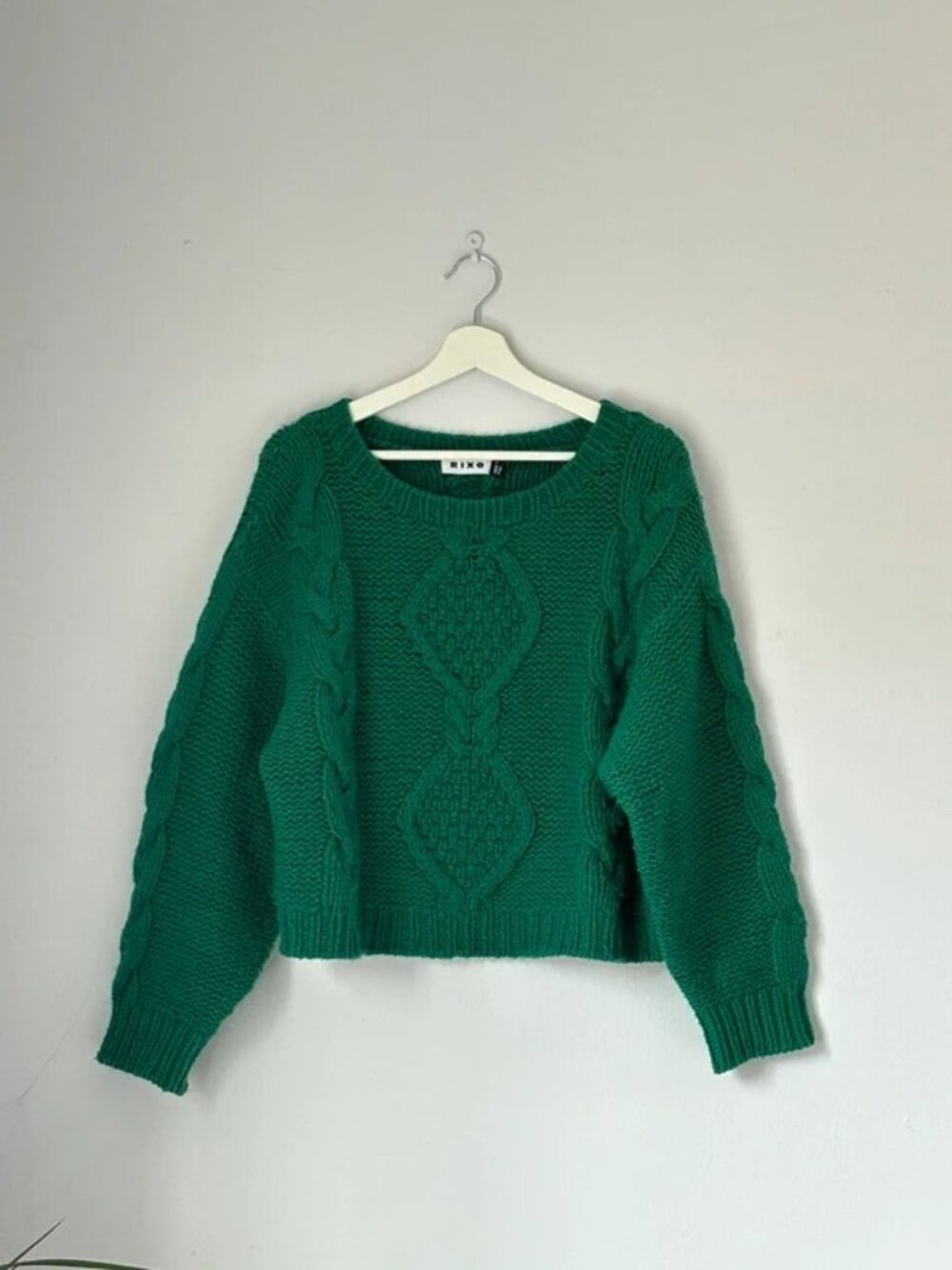 Rixo Women’s Emerald Green Cable Knit Wool Jumper Size M